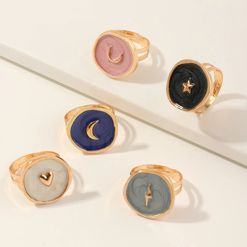 New Fashion rings Alloy Drop Oil Love heart Moon Lightning rings Elegant Cute Round Ring Party Jewelry Jewelry for women