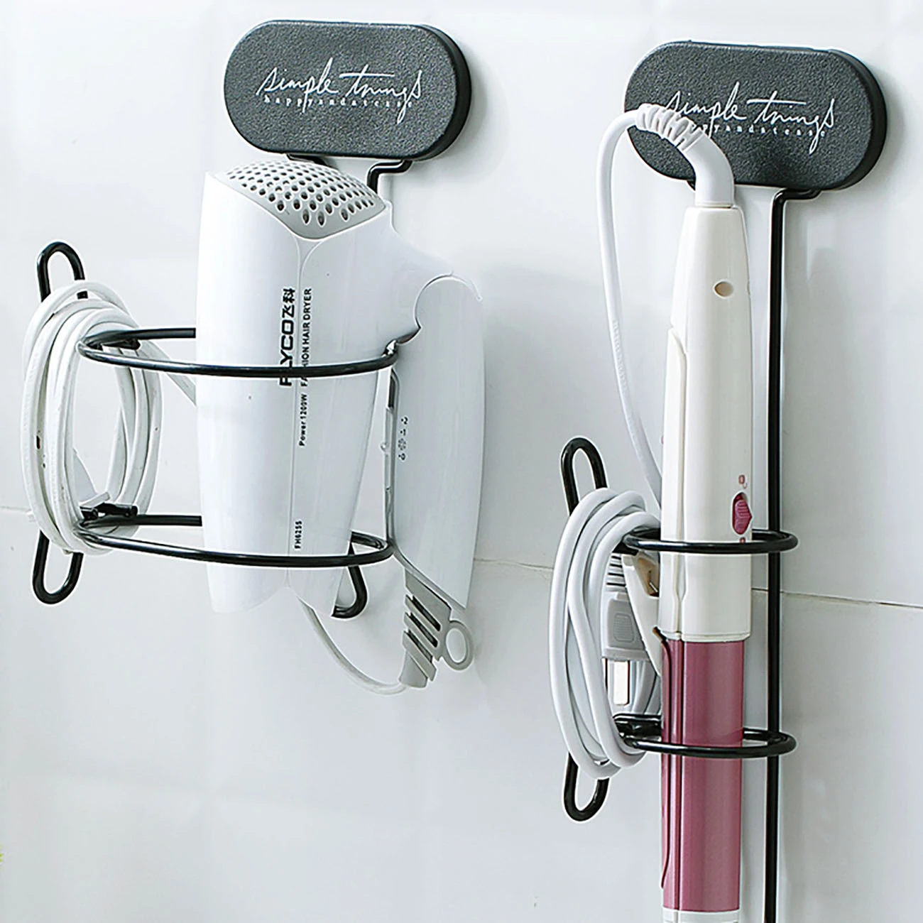 Hair Dryer Holder Straightener Curling Iron Storage Rack Wall Mounted Metal Bathroom Shelf Sticky Blow Dryer Holder Spiral Stand