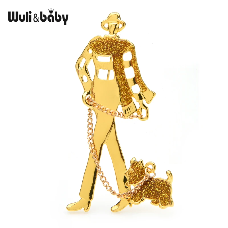 Wuli&baby Lady Walking Take Dog Brooches For Women Metal 2-color Figure Pet Animal Party Casual Brooch Pins Gifts