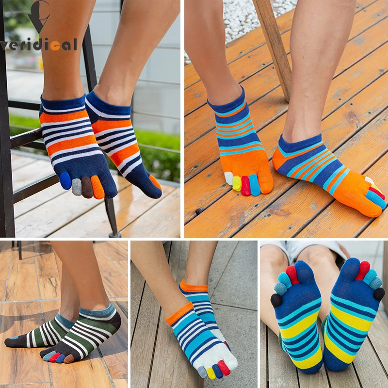 1 Pair Combed Cotton Men Ankle Boat Five Finger Socks Breathable Striped Colorful Young Casual No Show Socks With Toes EUR39-44