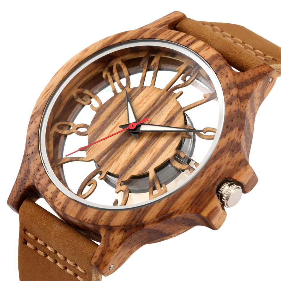 Transparent Hollow Arabic Numerals Display Men's Wood Watches Chic Fashion Male Quartz Genuine Leather Timepiece New 2020