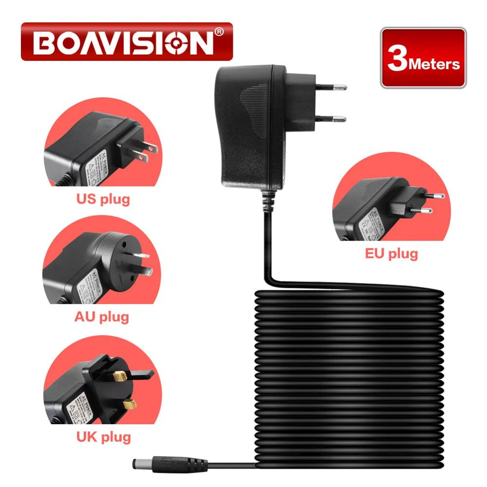 DC 12V 1A 3 Meters Length Power Supply Adaptor Security Professional Converter EU / US / UK / AU Plug For CCTV Camera RXZ12V1A