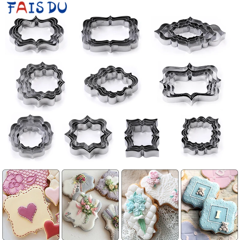 4Pcs/Set Stainless Steel Fondant Mold Cookie Stamper Nameplate Wedding Biscuit Lace Blessing Circle Flower Frame Cake Decoration