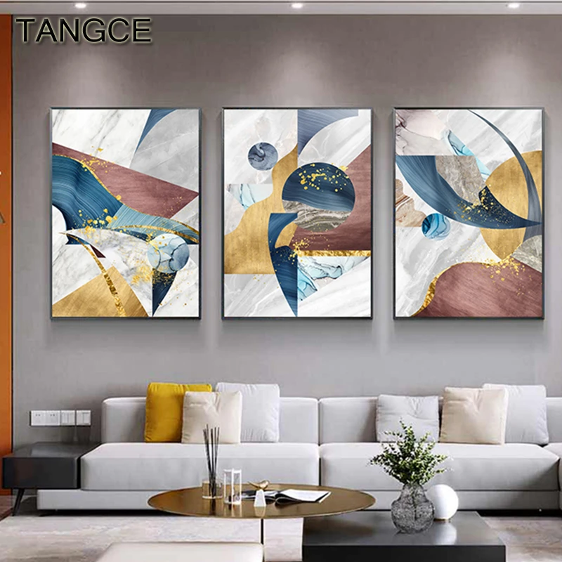 Golden Geometric Blue Color Canvas Posters Abstract Painting Nordic Prints Wall Art Pictures Modern Home Decor Room Decoration