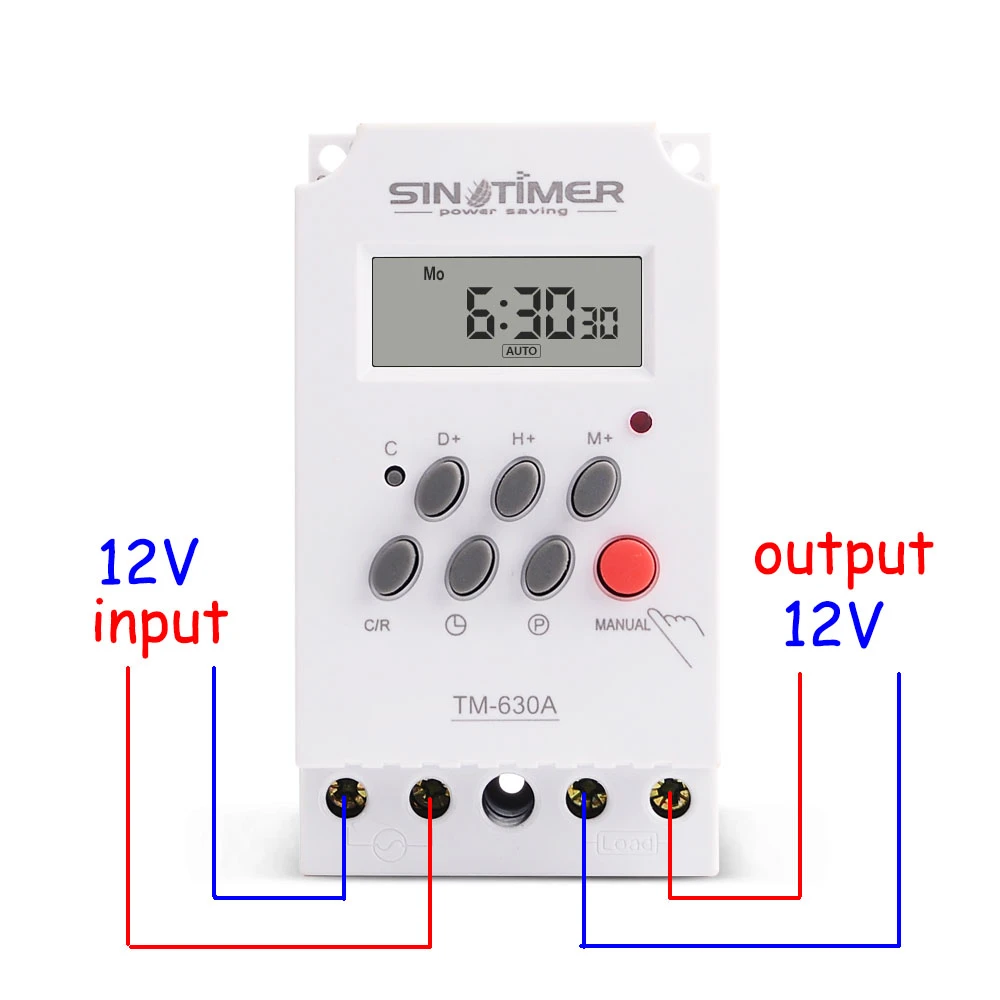 12V DC Input 7 Days Programmable 24hrs MINI TIMER SWITCH Time Relay Output Load High Power 30A