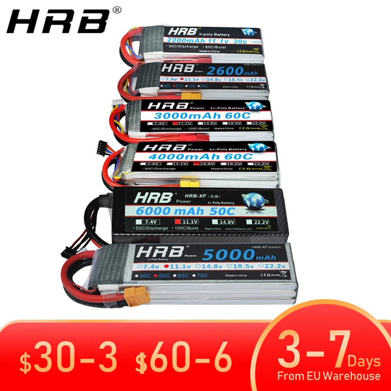 HRB Lipo Battery 2S 3S 4S 6S 1500mah 2200mah 2600mah 5000mah 6000mah 7000mah 4000mah  7.4V 11.1V 14.8V 22.2V T XT60 RC Parts