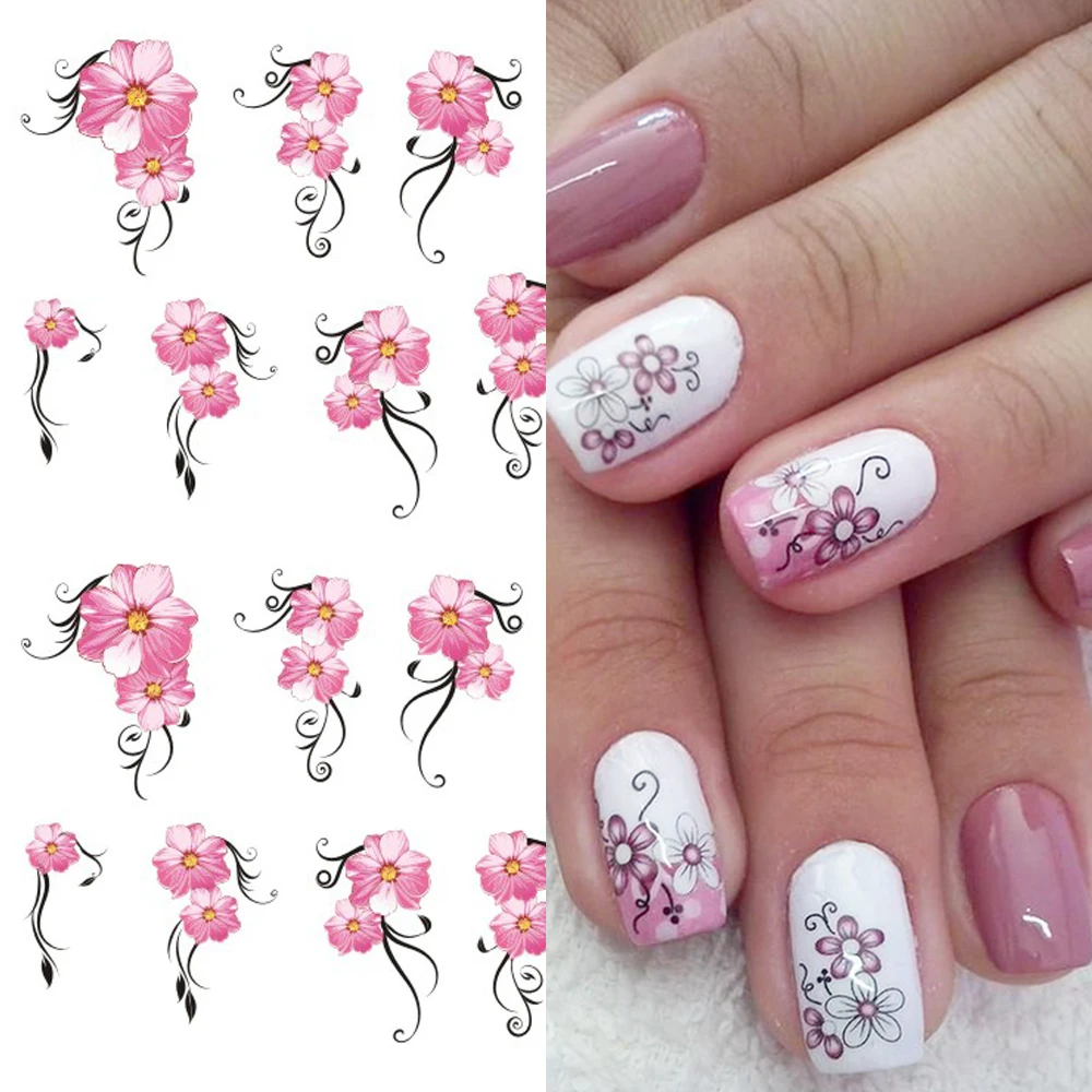 1pcs Pink Flowers Water Transfer Nail Art Sticker Decoration Floral Cherry Nail Decal Wraps Tips Manicure Slider LASTZ218-233