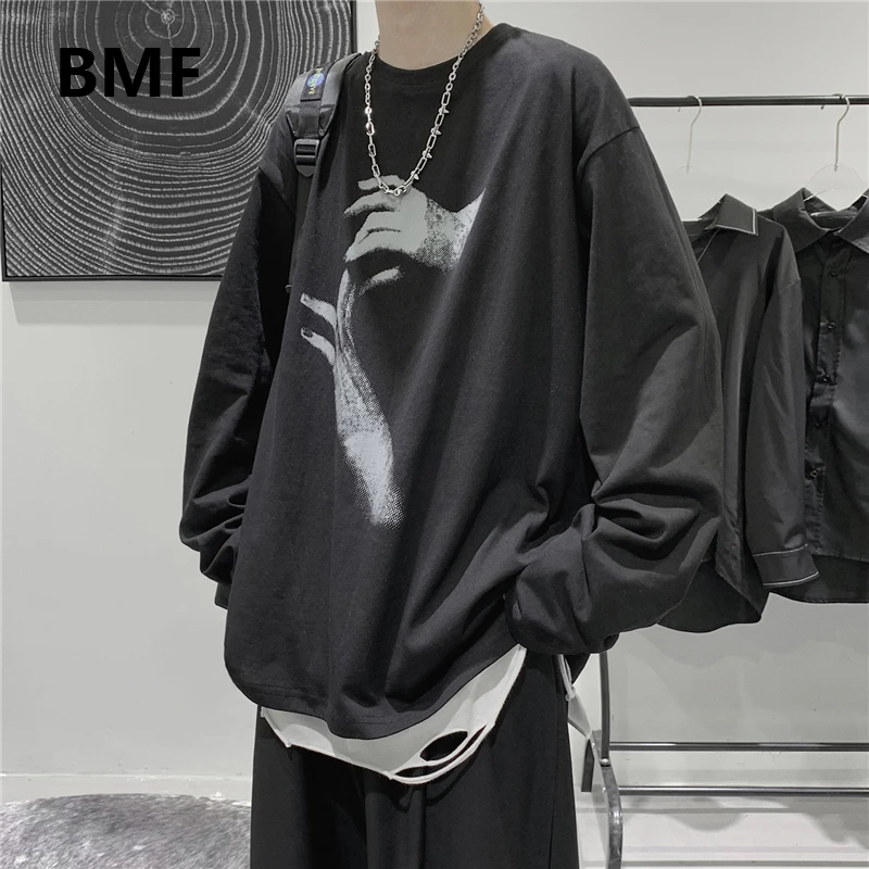 2020 Fall Long Sleeve T-Shirt Fashion Loose Ulzzang Print Tops Hip Hop Oversized T Shirts Men Clothing Korean Style Clothes