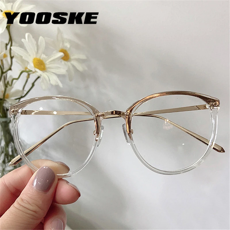 YOOSKE Optical Glasses for Sight Women Men Myopia Round Oversized Eyeglasses Frames Metal Spectacles Clear Glasses with Cloth