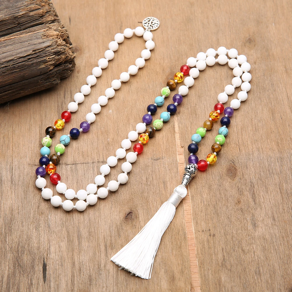 108 Japa Mala 7 Chakra Natural Stone Beaded Knotted Necklace Yoga Blessing Meditation Jewelry with Tree of Life Tassel Pendant