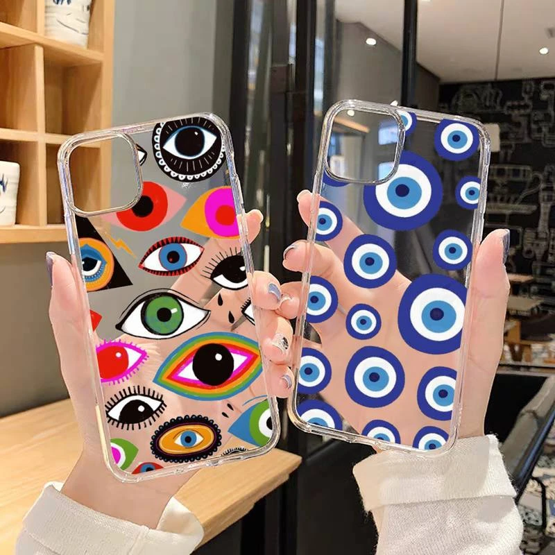 Evil Eye Phone Case for iPhone 11 12 13 pro mini  XS XR max Clear Pink Transparent Luxury Cover funda iphone 13 pro max case