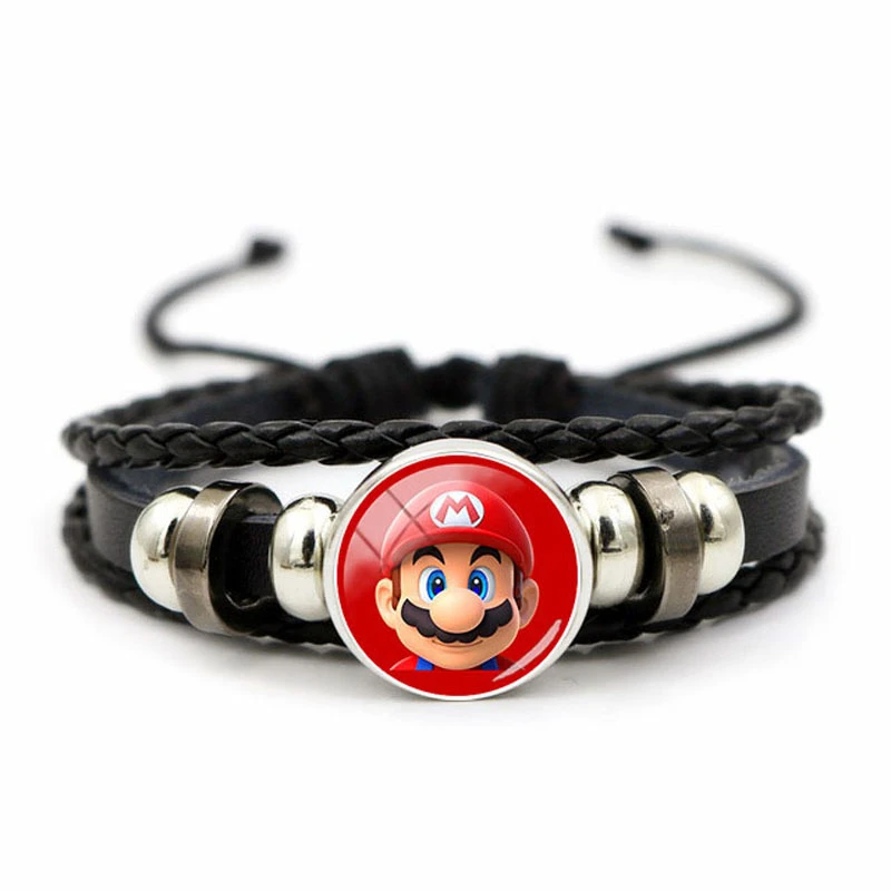 Anime Bracelet Gift Jewelry Super Mario Pattern Wristband Adjustable Glass Round Cap Snap Button Leather Woven Accessories