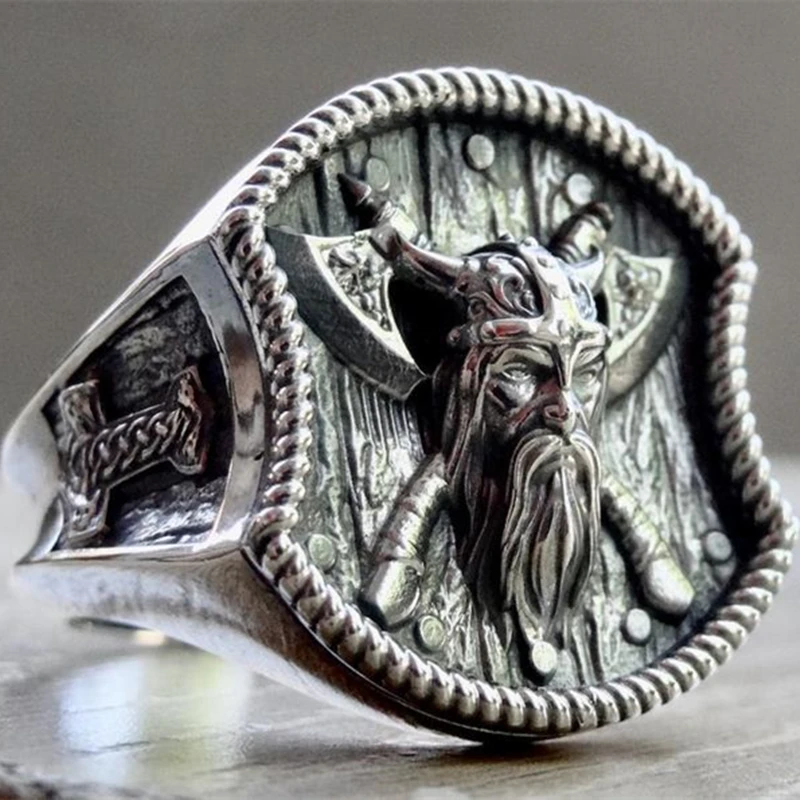 EYHIMD Mens Viking 316L Stainless Steel Ring Thor Hammer Double Axe Rings Odin Norse Pagan Biker Amulet Jewelry Gifts for him