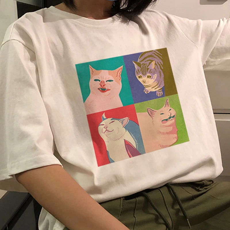 Korean Fun cat Spoof casual album gothic hip hop Ulzzang dropshipping  regular print Harajuku tee top punk clothes women tshirt