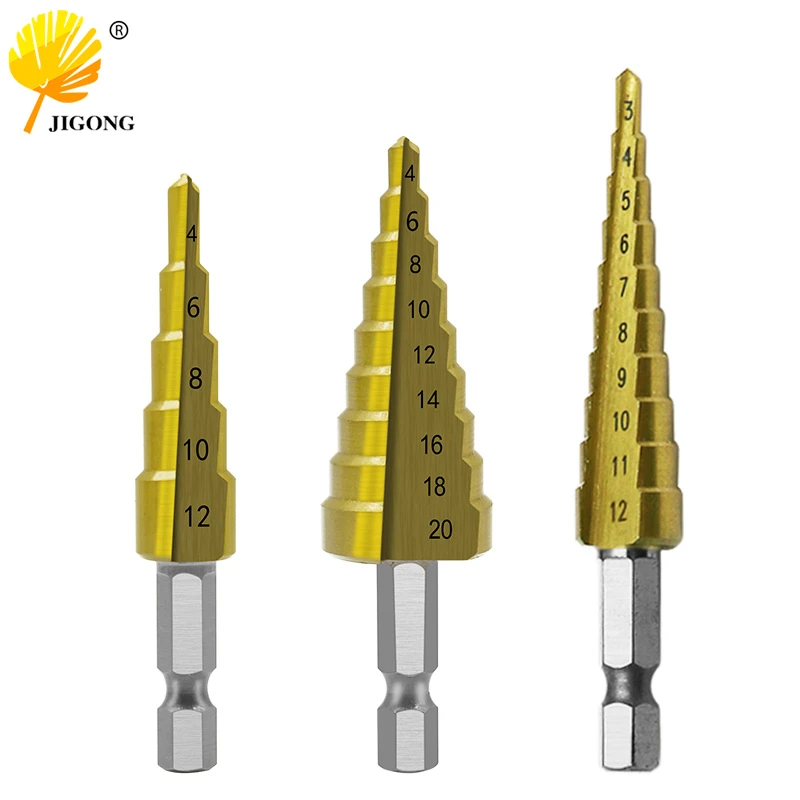JIGONG 3pcs/Set Titanium Step Drill Bits HSS Power Tools High Speed Steel Hole Cutter Wood Metal Drilling 3-12mm 4-12mm 4-20mm