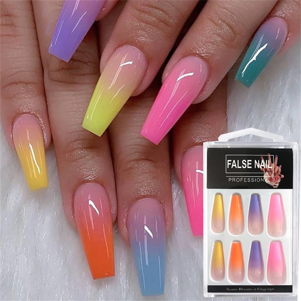 20pcs/Set Long Coffin Fake Nails Rainbow Ballerina Full Cover Nail Art Tips Beauty Artificial False Nails Manicure Charms