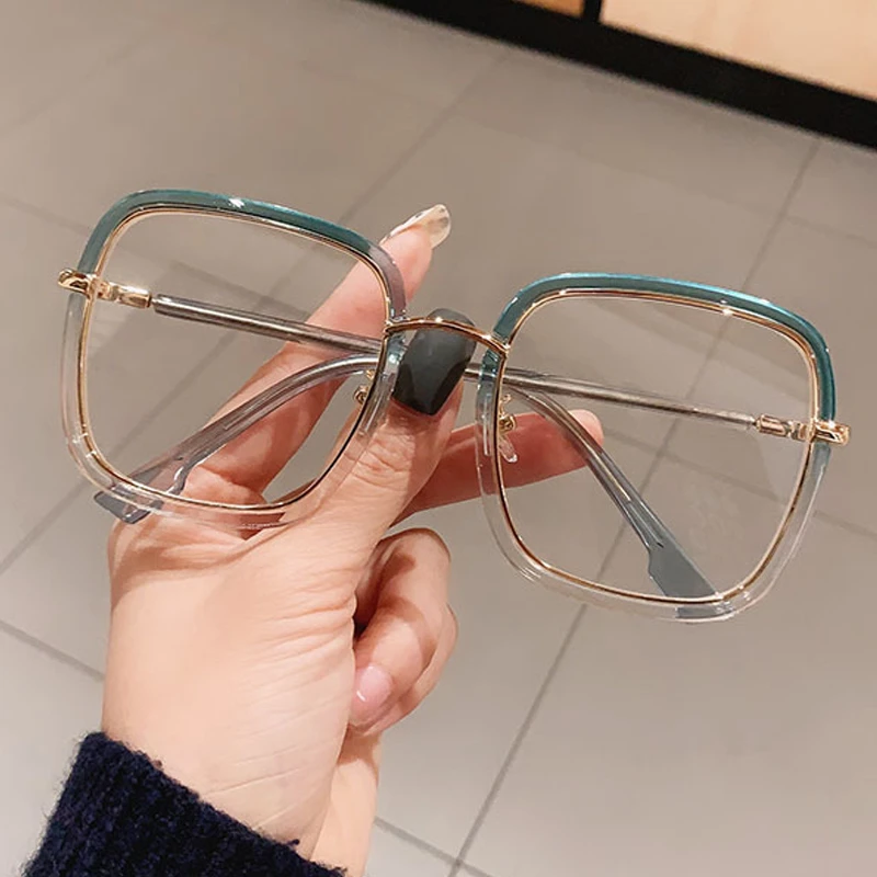 Green Clear Print Square Anti-blue Light Eyeglasses For Women Alloy Leopard Oversize Computer Myopia Glasses Frame Female Shades