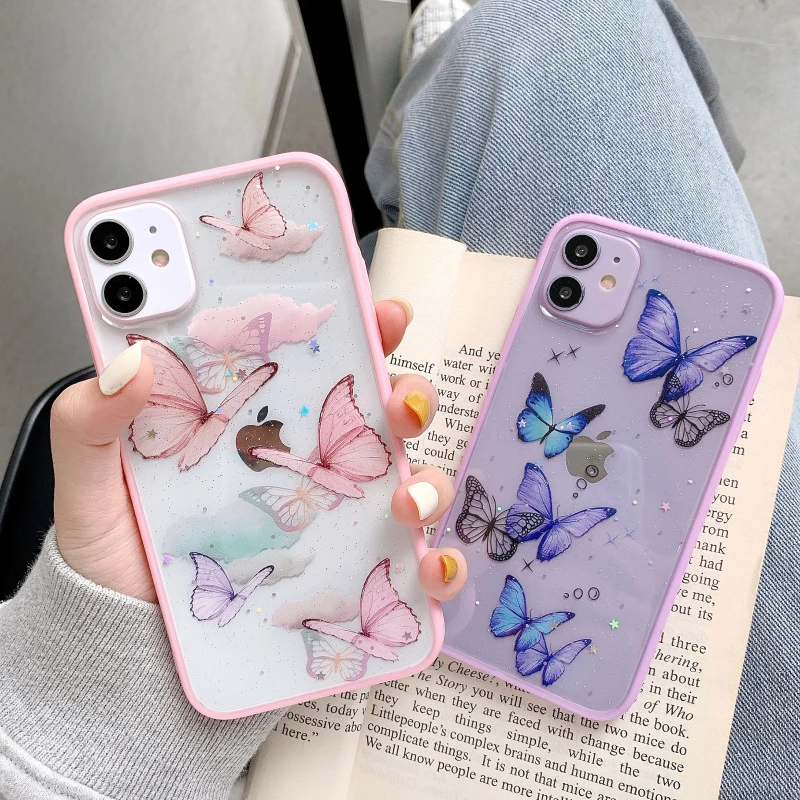 Cute Purple Butterfly Bling Glitter Phone Case for iPhone 11 Pro Max SE 2 2020 XR X XS MAX 7 8 Plus Clear Silicone Covers Coque