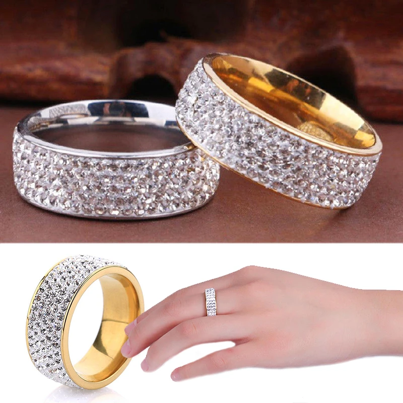 2020 Women Men Luxury Stainless Steel Ring Crystal Rhinestone Wedding Engagement Ring Band Fashion Jewelry Size 7-12