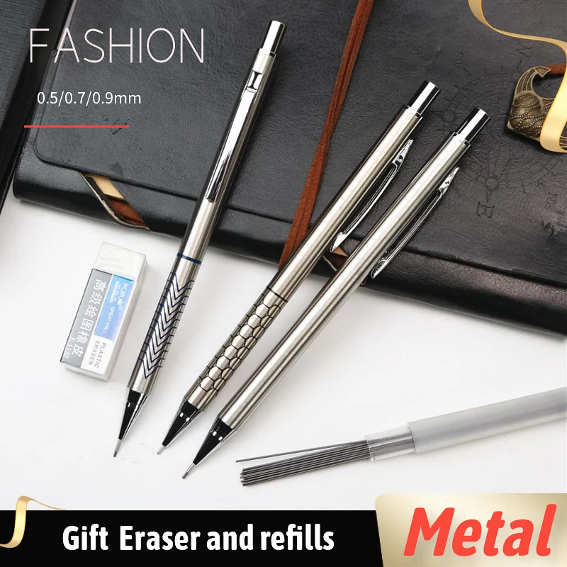 Metal mechanical pencil 0.5 0.7 0.9mm Students writing drawing designing Black pen 5PCS/set