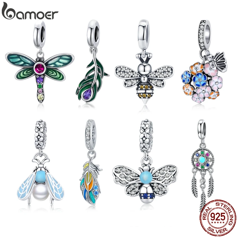 bamoer 925 Silver Colorful Insect Series Feather Pendant Charm fit Original Bracelet for Women 925 Sterling Silver Charm Jewelry