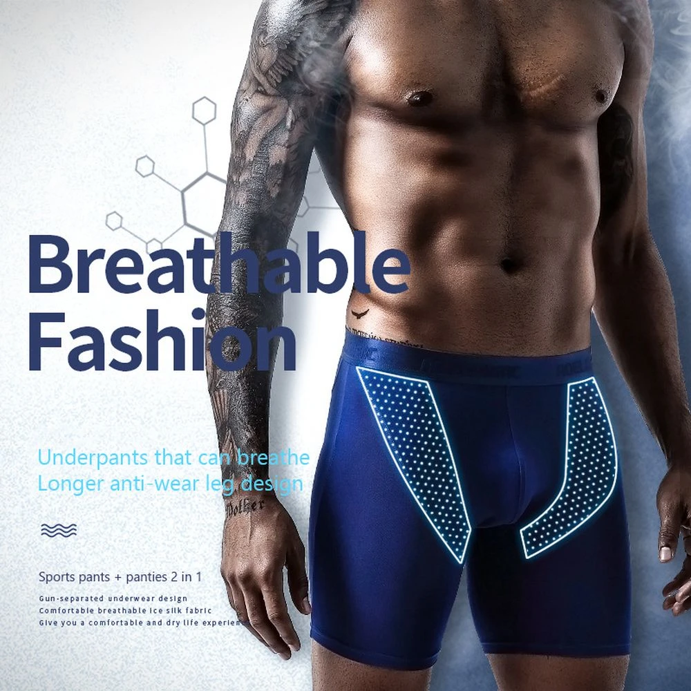 Ice Silk Men Underwear Sports Panties Breathable Mesh Running Lengthened Anti-Wear Leg Modal Men Boxer Briefs Solid Panties