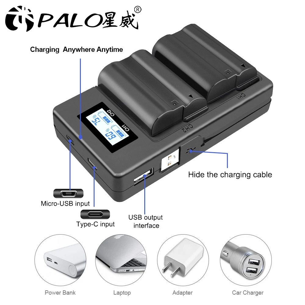 EN-EL15 ENEL15 EL15 Battery Charger for Nikon D7000 D7100 D7200, D850 D750 D7500 D810 D500 D800 D610 D600 EN-EL15b Battery L5