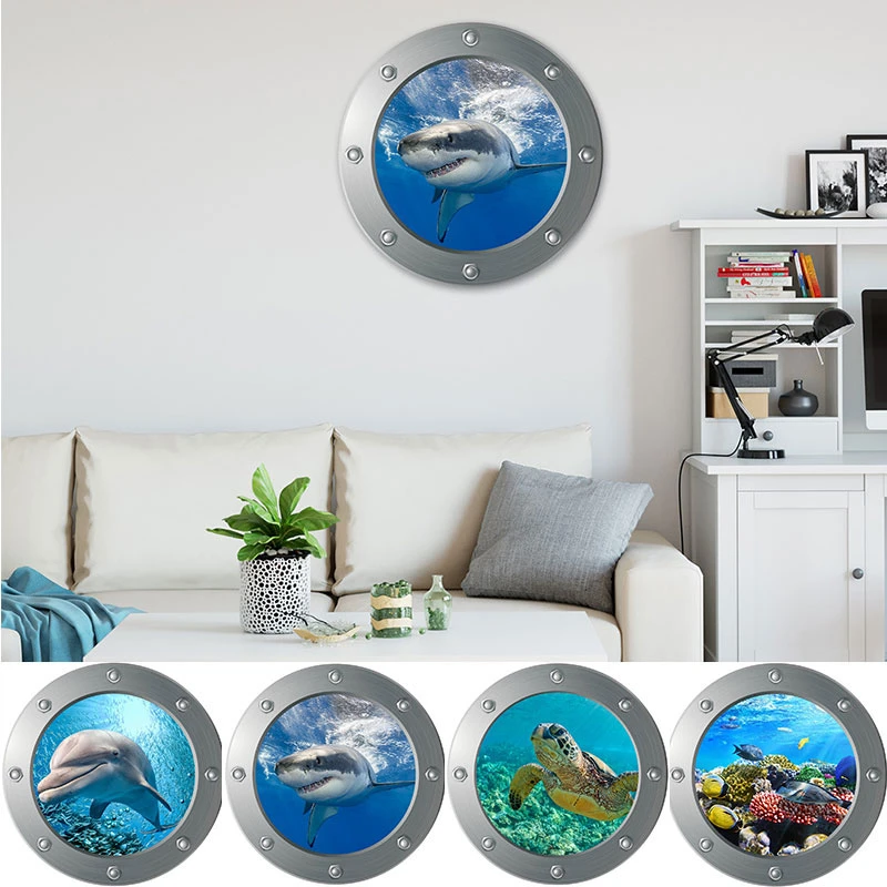 Sealife Shark Fish Submarine Wall Stickers for Kids Rooms Bathroom Home Decor Cartoon Animals Decals 3D PVC Mural Art