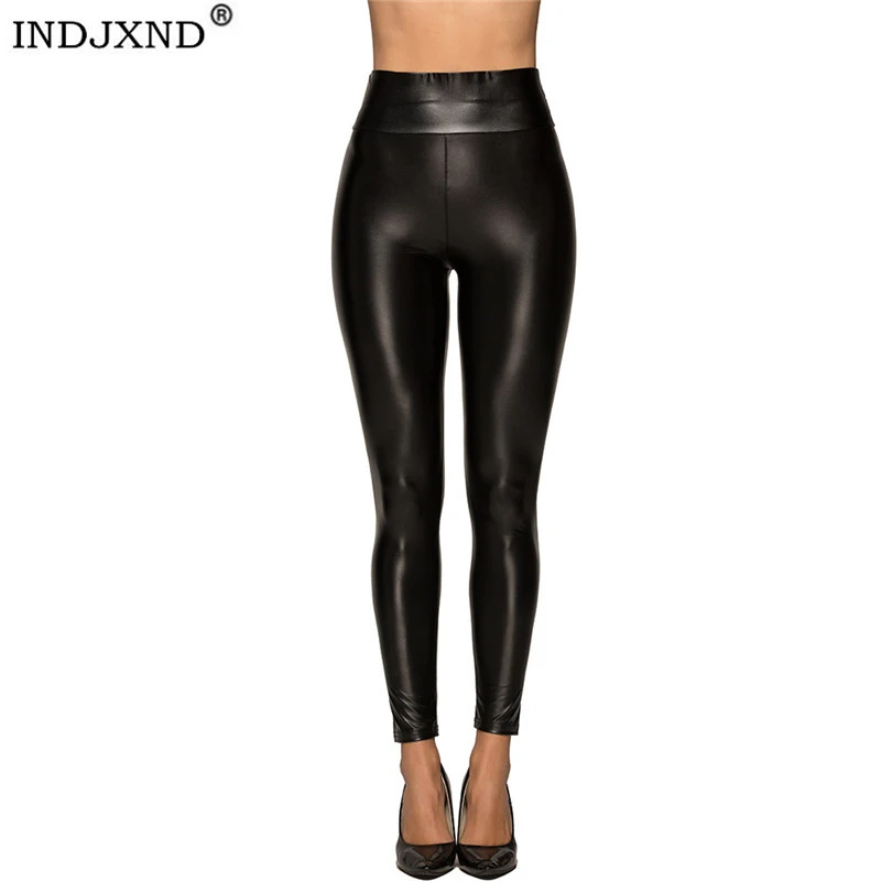INDJXND Faux Leather Leggings Women Black Stretchy Push Up High Waist Pants Waterproof Knitted Fitness Skinny Spandex Jeggings