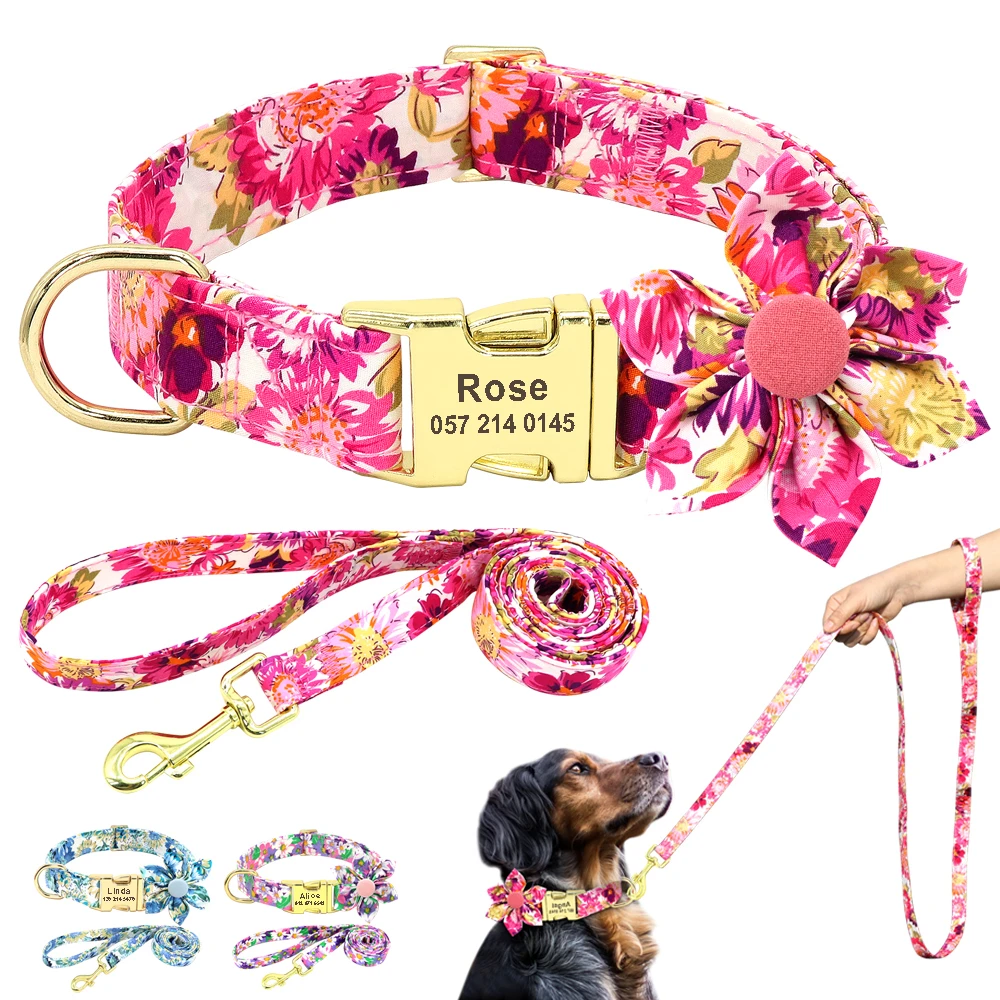 Customized Nylon Dog Collar Printed Personalized Puppy Cat Collar Leash Accessories Floral Dog Leash For Small Medium Dogs