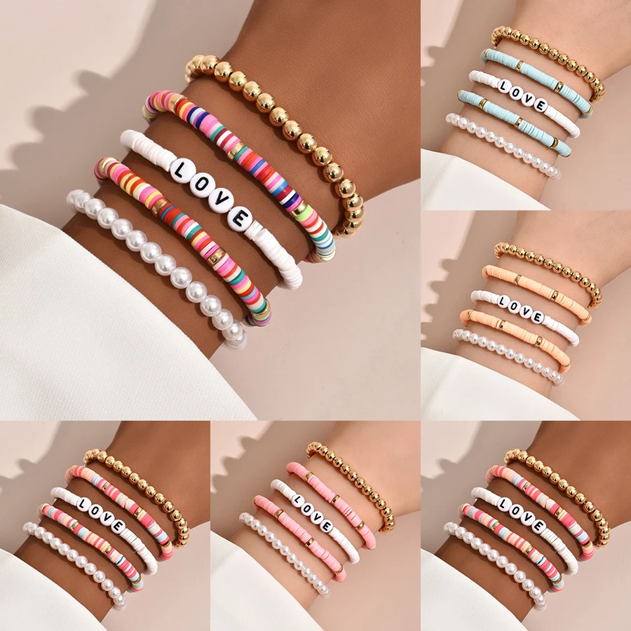 Colorful Stackable Love Letter Bracelets for Women soft clay pottery Layering Friendship Beads Chain Bangle Boho Jewelry Gift