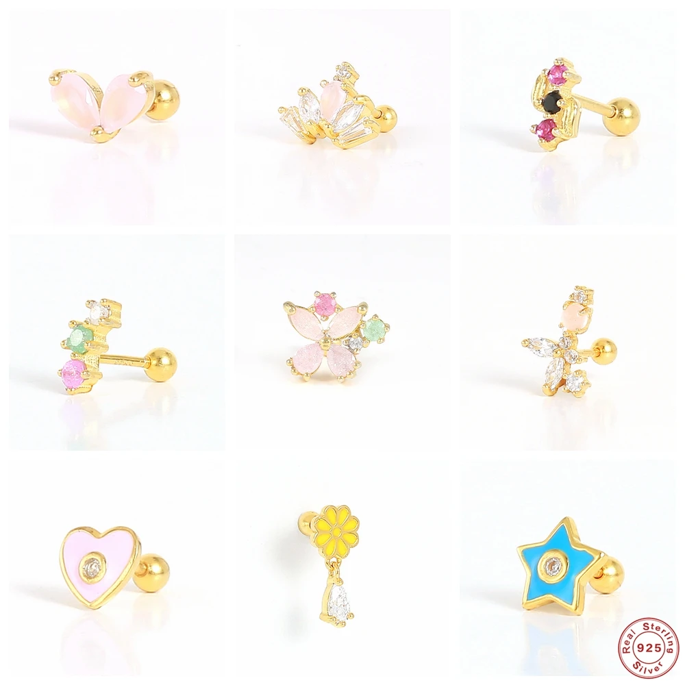 S925 Sterling Silver Dripping Oil Love Star Piercing Earrings Colorful Pink Zircon Cartilage Stud Earring Pendientes plata 925