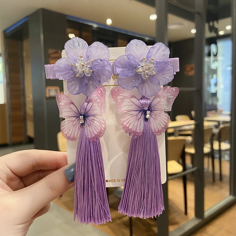 2PCS Sweet Girl Qipao Hanfu  Hair Clips Headdress Accessories Chinese Style Children Butterfly Flowers Duck Mouth Hairpin