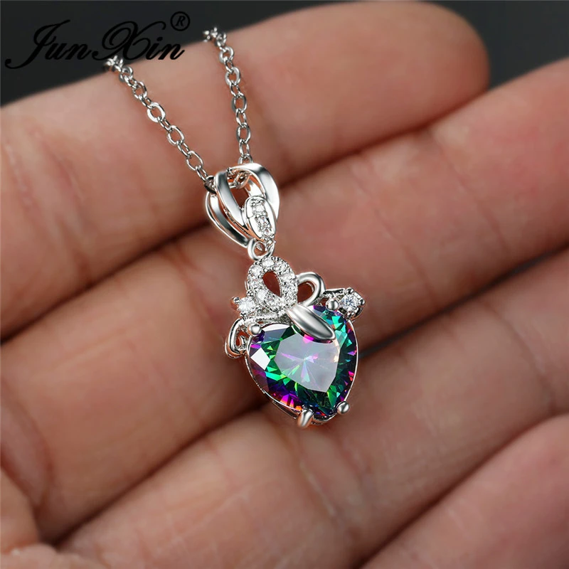 Cute Heart Mystic Rainbow Crystal Pendant Clavicle Necklaces For Women Rose Gold Silver Color Wedding Necklace Mother's Day Gift