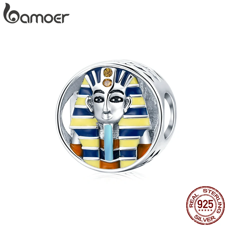 bamoer 925 Sterling Silver Ancient Egypt Pharaoh Charm Cat God Bastet Gold Enamel Charm for Original Bracelet Bangle DIY SCC1858