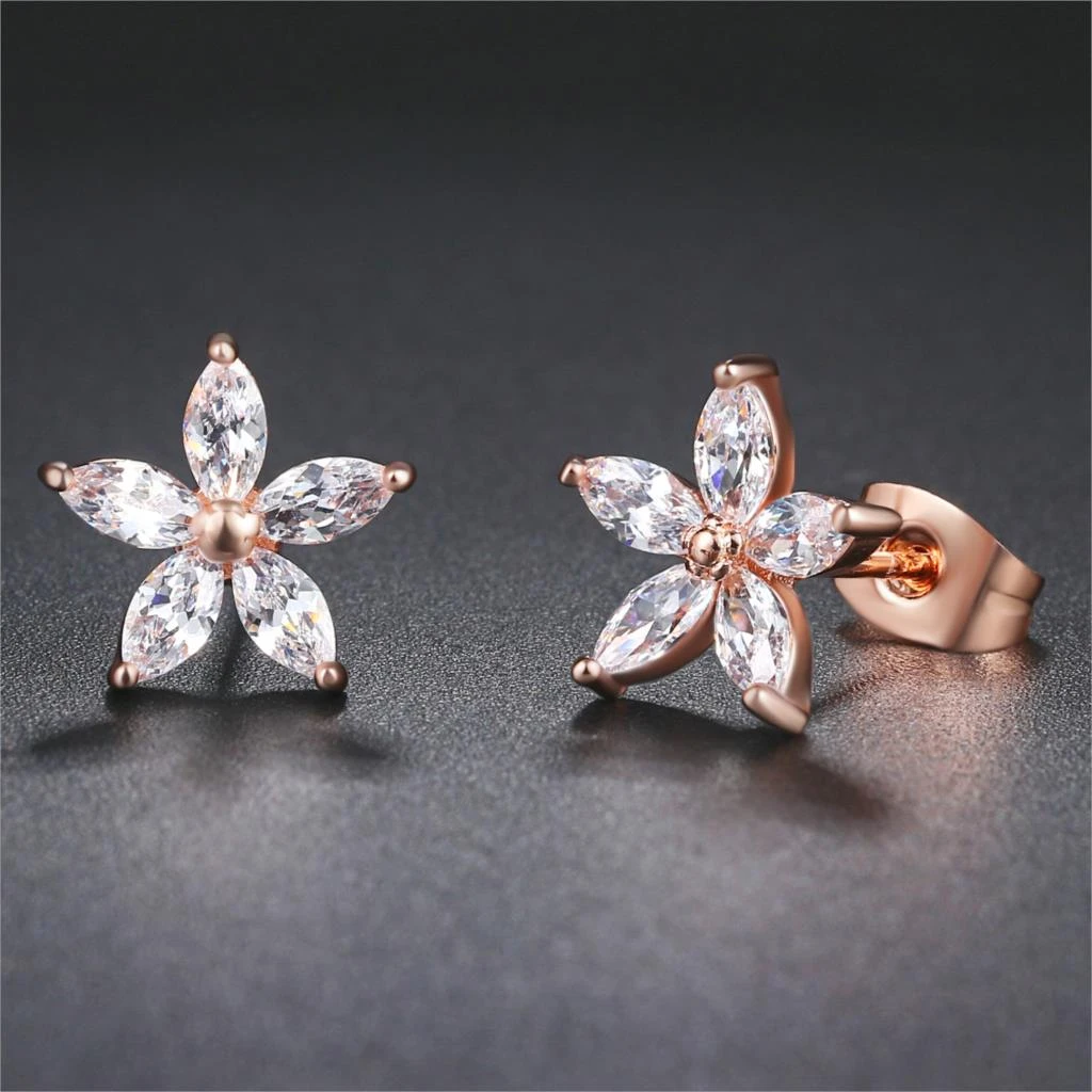 Double Fair AAA+Cubic Zircon Flower Rose Gold Color Stud Earrings HotSale Fashion Engagement Crystal Jewelry For Women DFE062