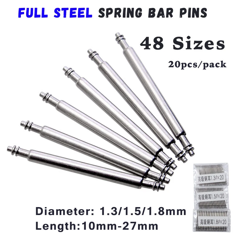 20pcs Watch Band Full Stainless Steel Spring Pins 10mm to 27mm Release Spring Bars Strap Replacement Straight Pin 1.3 1.5 1.8mm