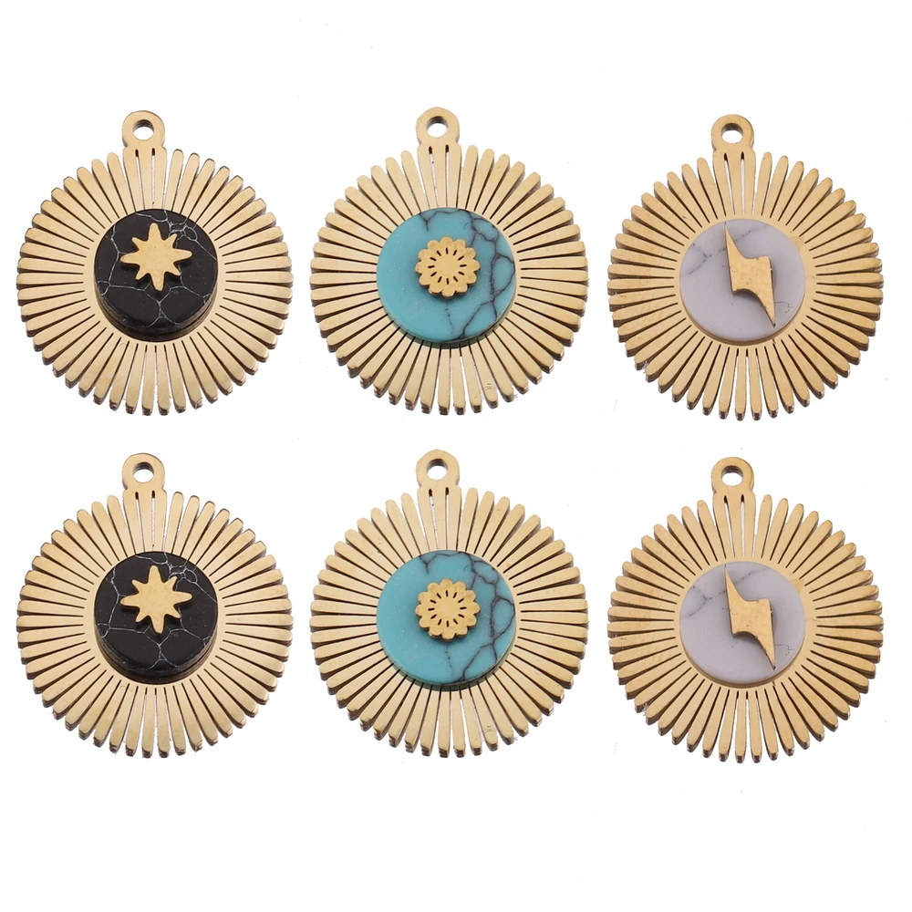 5pcs Sun Flower Natural Stone and Stainless Steel Gold Charms Lightning Pendants DIY Connection Earring Necklaces Jewelry Making
