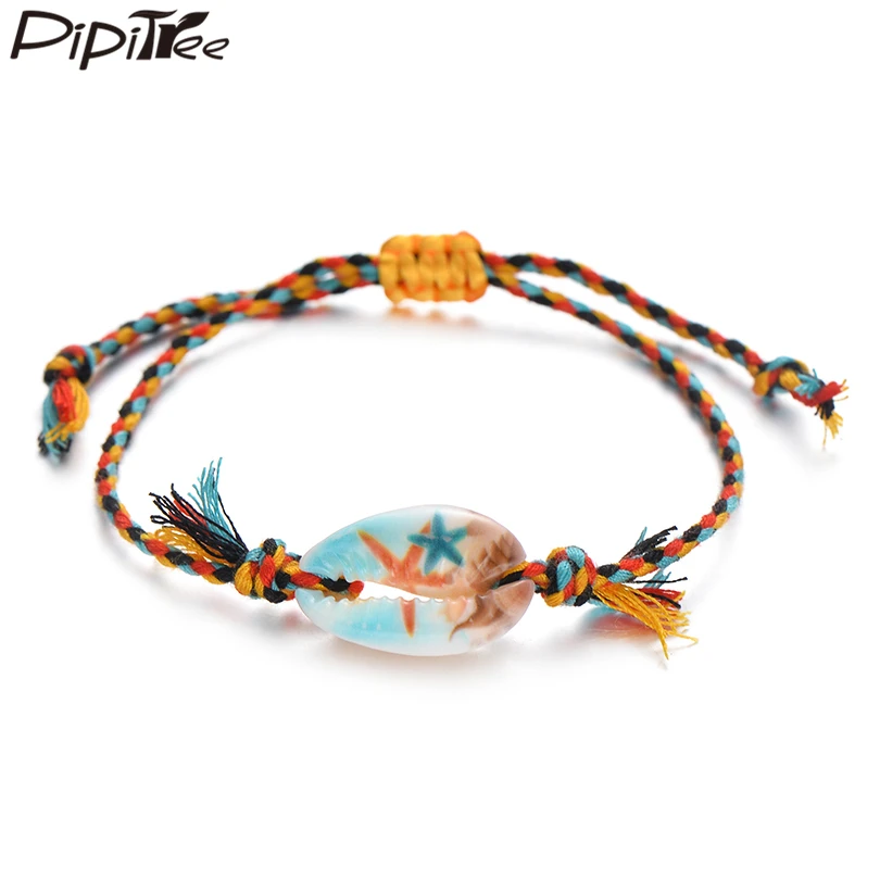 Pipitree Sea Shell Charm Bracelet Handmade Bohemian Print Rope Braided Bracelets for Women Men Kids Boho Beach Jewelry Gift