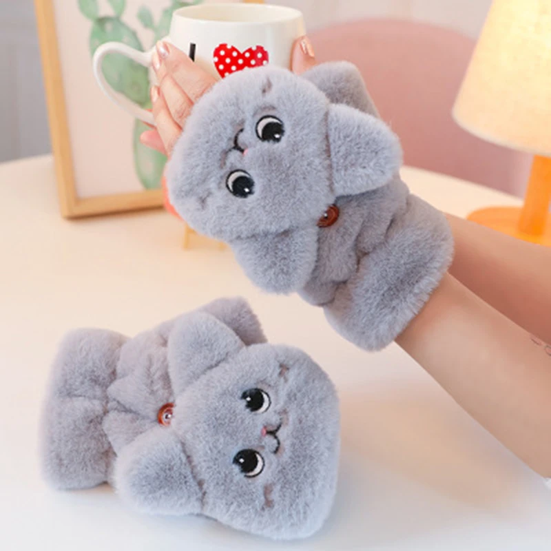 Winter Warm Soft Rabbit Fur Knit Mittens Women Flip Half finger Driving Gloves Plush Thick Cute Cat Touch screen Gloves E65