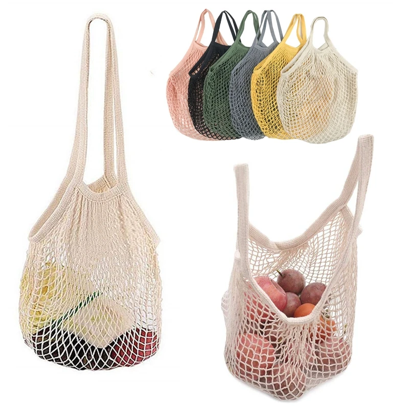 2Pcs Portable Shopping Bag for Fruit Vegetable Colorful Cotton Reusable Groceries Bags Storage Net Bag Mesh Long Handle Tote Bag