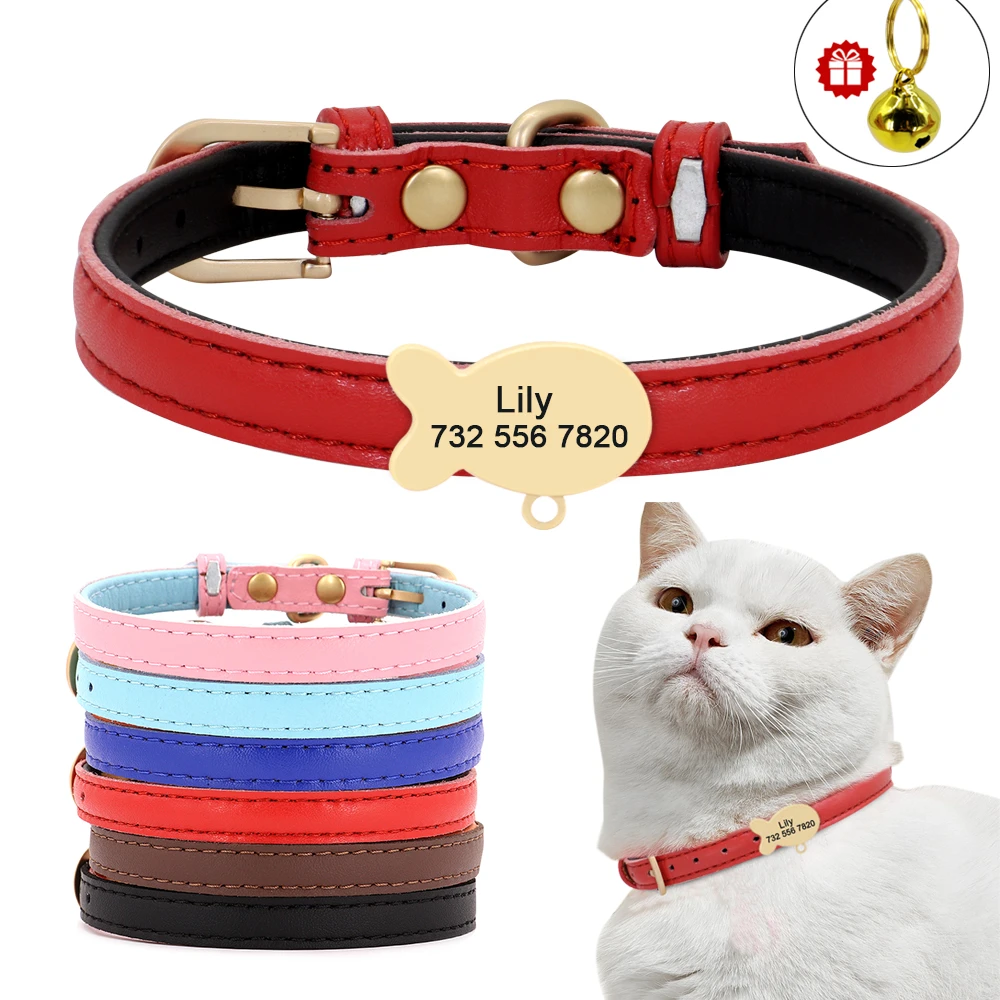 Custom Leather Cat Collar Personalized Small Dog Puppy Collar Engraved Cat Pet Collars Adjustable for Chihuahua Yorkie Red XS S