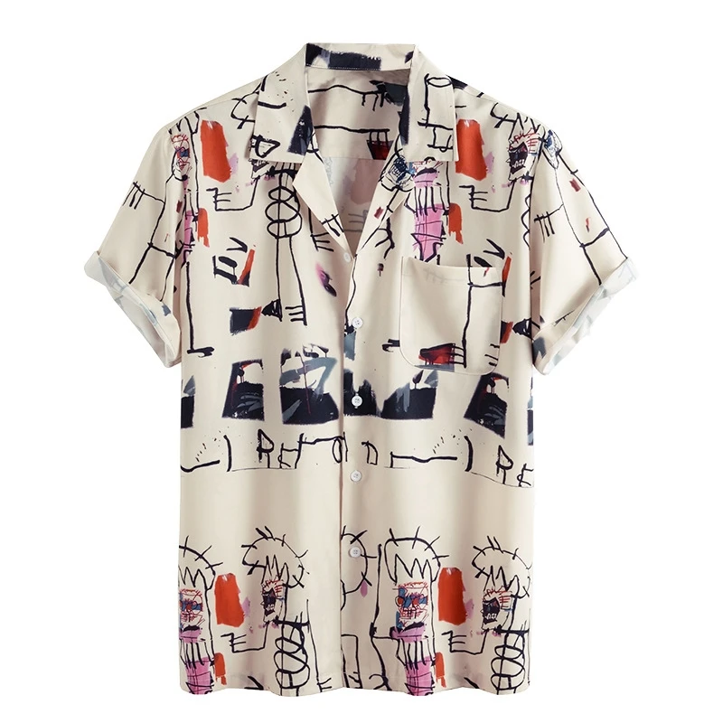 Hawaiian Printing Mens Short Sleeve Shirts Summer Graffiti Shirts For Men Casual Slim Fit Beach Blouse Tops Chemise Homme