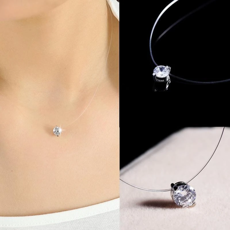 Choker Invisible Fish Line Crystal Necklace Pendants Neck Zircon Women Clavicle Chain Lady Feminino Collar