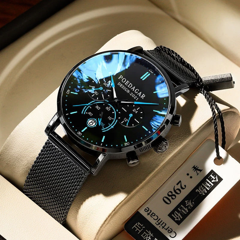 Poedagar Ultra Thin Mesh Belt Mens Watches Sports Chronograph Waterproof Luminous Watch for Men Top Luxury Quartz Wristwatch