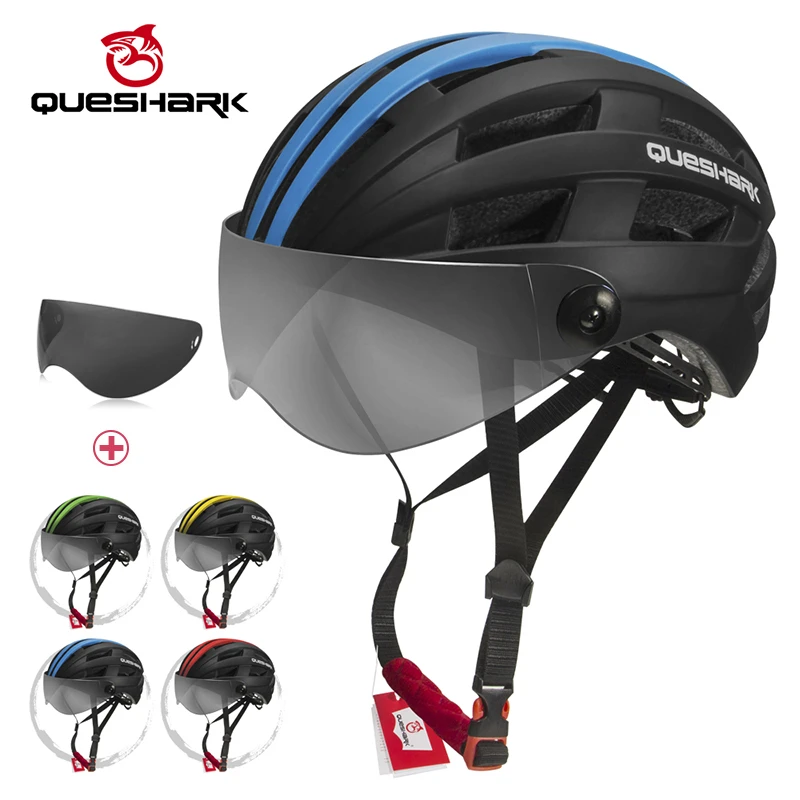 QUESHARK Men Women Ultralight Cycling Helmet MTB Road Bike Bicycle Motorcycle Riding Removable Transparent Lens Safely Cap QE116