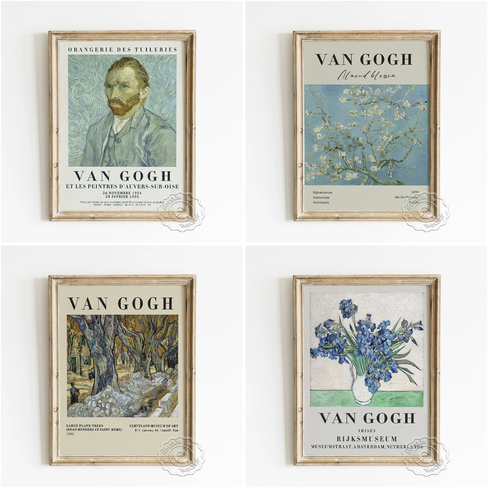 Vincent Van Gogh Exhibition Poster, Almond Blossoms Art Prints, The Large Plane Trees Wall Picture, Vase Of Irises Wall Decor