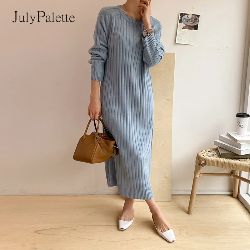 JulyPalette Solid O-neck Knitted Dress Women's Long Knit Straight Dress Autumn Winter Casual Elastic Loose Femme Maxi Vestidos