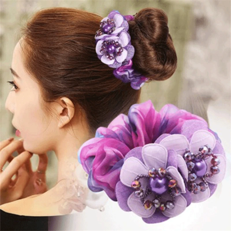 Korean Elegant Flower Scrunchies Women Girls Elastic Hair Rubber Bands Accessories Tie Hair Ring Rope Ponytail Holder Headdress