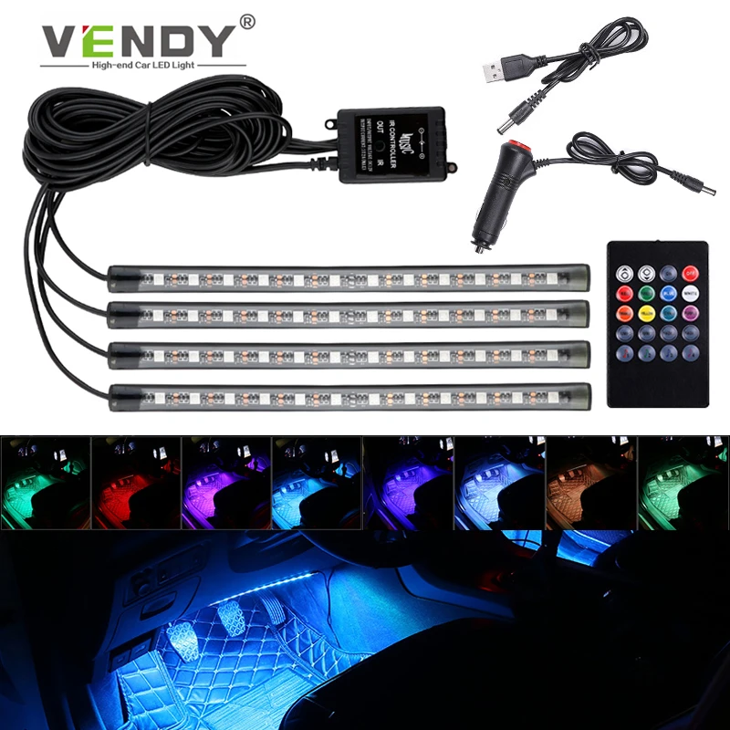 Auto LED RGB Interior Atmosphere Strip Light Decorative Foot Lamp With USB Wireless Remote Music Control Multiple Modes For Car